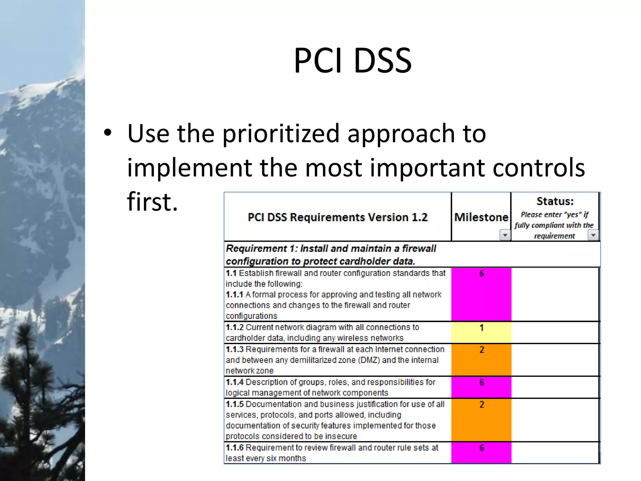 PCI DSS
• Use the prioritized approach to
implement the most important controls
first.
 