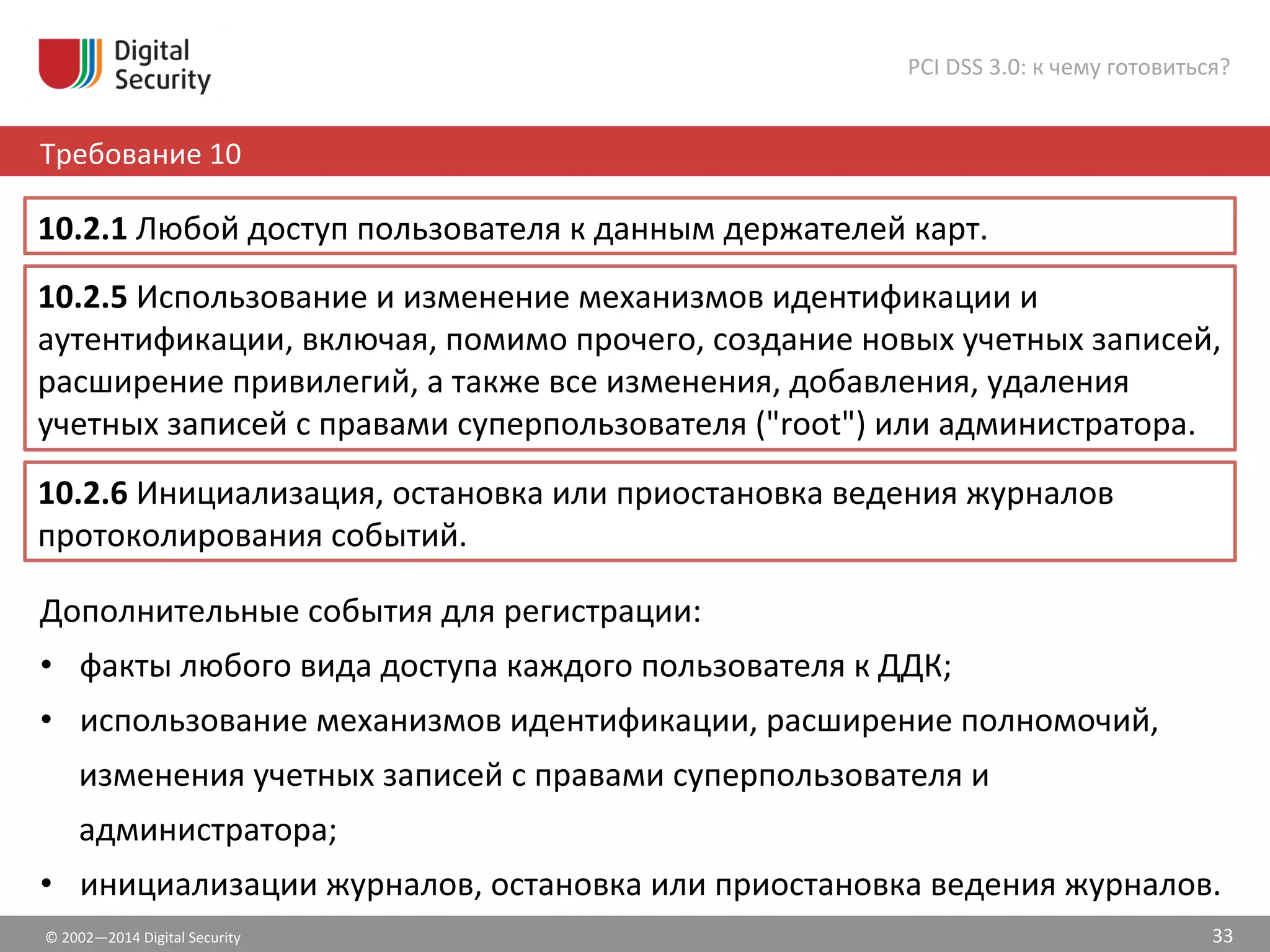 ©	
  2002—2014	
  Digital	
  Security	
  
Требование	
  10	
  
PCI	
  DSS	
  3.0:	
  к	
  чему	
  готовиться?	
  
33	
  
Дополнительные	
  события	
  для	
  регистрации:	
  
•  факты	
  любого	
  вида	
  доступа	
  каждого	
  пользователя	
  к	
  ДДК;	
  
•  использование	
  механизмов	
  идентификации,	
  расширение	
  полномочий,	
  
изменения	
  учетных	
  записей	
  с	
  правами	
  суперпользователя	
  и	
  
администратора;	
  	
  
•  инициализации	
  журналов,	
  остановка	
  или	
  приостановка	
  ведения	
  журналов.	
  
10.2.1	
  Любой	
  доступ	
  пользователя	
  к	
  данным	
  держателей	
  карт.	
  	
  
10.2.5	
  Использование	
  и	
  изменение	
  механизмов	
  идентификации	
  и	
  
аутентификации,	
  включая,	
  помимо	
  прочего,	
  создание	
  новых	
  учетных	
  записей,	
  
расширение	
  привилегий,	
  а	
  также	
  все	
  изменения,	
  добавления,	
  удаления	
  
учетных	
  записей	
  с	
  правами	
  суперпользователя	
  ("root")	
  или	
  администратора.	
  
10.2.6	
  Инициализация,	
  остановка	
  или	
  приостановка	
  ведения	
  журналов	
  
протоколирования	
  событий.	
  
 