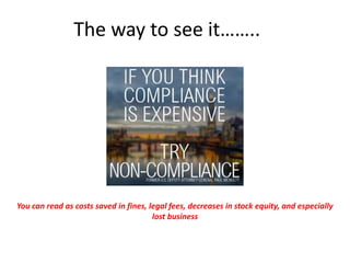 The way to see it……..
You can read as costs saved in fines, legal fees, decreases in stock equity, and especially
lost business
 
