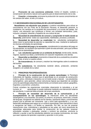 PAG
E
*
ME
g) Promoción de una conciencia ambiental, motiva el respeto, cuidado y
conservación del entorno natural como garantía para el desenvolvimiento de la vida.
h) Creación e innovación, promueve la producción de nuevos conocimientos en
los campos del saber, el arte y la cultura.
1.11.NECESIDADES EDUCACIONALES DE LOS ESTUDIANTES:
Necesitamos una educación que prepare a nuestros estudiantes para actuar en
concordancia con los Fines de la Educación Peruana, el desarrollo personal, la
ciudadanía, los cambios en la sociedad del conocimiento y el mundo del trabajo. Así
mismo, una educación que contribuya a formar una sociedad democrática, justa,
inclusiva, próspera, tolerante y forjadora de una cultura de paz.
a. Necesidad de entendimiento de conocer y comprender el medio donde se
desarrolla, potenciando todas sus capacidades, habilidades, procesos y actitudes.
b. Necesidad de desarrollar su creatividad, los estudiantes santangelinos
deben tener la oportunidad de ejercitar su capacidad de crear, mediante la realización
de diversas actividades de aprendizaje.
c. Necesidad del juego y la recreación, considerando la naturaleza del juego en
los estudiantes, es necesario que aprendan a partir de esta actividad, pero que conlleve
al logro de los aprendizajes.
d. Los estudiantes aprenden en un ambiente de libertad, donde actúe, decida,
negocie, exprese sus ideas y sentimientos sin coacción respetando a los demás.
e. Desarrollar su identidad, propiciando el desarrollo de su autoestima y la estima
a los demás, el amor a nuestra cultura.
f. De trascendencia, de conocer y resolver las interrogantes sobre la existencia
del hombre.
g. De subsistencia, los estudiantes recibirán afecto, protección, ambiente
acogedor y el cuidado de su salud.
1.12. PRINCIPIOS PSICOPEDAGÓGICOS:
a. Principio de la construcción de los propios aprendizajes: la Psicología
Culturalista de Vigotsky, sostiene que el aprendizaje es un proceso de construcción
(interno, activo, individual e interactivo con el medio social y natural). Los estudiantes
santangelinos para aprender, utilizan estructuras lógicas que dependen de variables
como los aprendizajes adquiridos anteriormente y el contexto socio cultural, geográfico,
lingüístico y económico productivo.
Freinet considera las experiencias vivenciales observando la naturaleza y al ser
humano, el aprendizaje no puede realizarse mediante una intervención externa
del estudiante, lo esencial debe proceder del propio estudiante.
b. Principio de necesidad del desarrollo de la comunicación y el
acompañamiento en los aprendizajes: la interacción entre los estudiantes
santangelinos y sus docentes, sus pares y su entorno, se produce, sobre todo, a través
del lenguaje; recogiendo los saberes de los demás y aportando ideas y conocimientos
propios que le permiten ser consciente qué y cómo está aprendiendo y, a su vez,
desarrollar estrategias para seguir en un continuo aprendizaje. Este intercambio lo lleva
a reorganizar las ideas y le facilita su desarrollo. Por ello, se han de propiciar
interacciones ricas, motivadoras y saludables en las aulas; así como situaciones de
aprendizaje adecuadas para facilitar la construcción de los saberes, proponer
actividades variadas y graduadas, orientar y conducir las prácticas, promover la
reflexión y ayudar a que los estudiantes elaboren sus propias conclusiones, de modo
que sean capaces de aprender a aprender y aprender a vivir juntos.
 