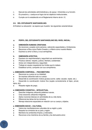PAG
E
*
ME
c. Ejecuta las actividades administrativas y de apoyo inherentes a su función.
d. Es proactivo y coadyuva al logro de los objetivos institucionales.
e. Cumple con lo establecido en el Reglamento Interno de la I. E.
2.6. DEL ESTUDIANTE SANTANGELINO.
Al finalizar su educación se espera que muestre las siguientes características:
❖ PERFIL DEL ESTUDIANTE SANTANGELINO DEL NIVEL INICIAL:
a. DIMENSIÓN HUMANA CRISTIANA
● Se reconoce y acepta como persona, valorando capacidades y limitaciones.
● Reconoce a Dios como Padre Creador y a María como nuestra Madre.
● Expresa su amor a Dios y a sus semejantes.
b. DIMENSIÓN AFECTIVA
● Expresa con espontaneidad y seguridad sus sentimientos.
● Practica valores: respeto, justicia, libertad y solidaridad.
● Actúa con independencia y seguridad.
● Trabaja en equipo respetando los límites que lo rodean.
● Establece turnos, comparte con sus compañeros.
c. DIMENSIÓN CORPORAL – PSICOMOTORA
● Reconoce su cuerpo en su totalidad.
● Se expresa utilizando todo su cuerpo.
● Desarrolla la coordinación motora gruesa (correr, saltar, escalar, reptar, etc.)
● Desarrolla la coordinación motora fina (sujeta correctamente el lápiz, pincel,
tijera, etc)
● Respeta reglas de juego.
d. DIMENSIÓN COGNITIVA – INTELECTUAL
● Describe imágenes utilizando palabras nuevas.
● Crea oraciones utilizando imágenes.
● Aplica nociones básicas en actividades de su vida diaria.
● Diferencia las letras de los números.
● Maneja relaciones espaciales en relación con su cuerpo y objetos.
e. DIMENSIÓN SOCIO – CULTURAL
● Valora las manifestaciones culturales de su región y país.
● Respeta los símbolos de su país y región.
● Mantiene los ambientes limpios y ordenados.
● Reconoce a los miembros de su familia y les demuestra amor.
 