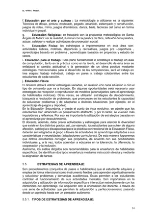 I.E. “SANTA ÁNGELA
14
f. Educación por el arte y cultura : La metodología a utilizarse es la siguiente:
Técnicas de dibujo, pintura, modelado, pegado, estarcido, estampado y construcción,
juegos de roles, mimo, juegos dramáticos, danza, baile, técnicas del canto en forma
individual y grupal.
g. Educación Religiosa: se trabajará con la propuesta metodológica de Santa
Ángela de Mérici: ver la realidad, iluminar con la palabra de Dios, reflexión de la palabra,
actuar, celebrar y realizar actividades de proyección social.
h. Educación Física: las estrategias a implementarse en esta área son:
actividades lúdicas, motrices, deportivas y recreativas, juegos pre –deportivos ,
aprendizajes basado en problema , aprendizajes basados en proyectos y estudio de
casos.
i. Educación para el trabajo : una parte fundamental lo constituye el trabajo en aula
de computación, tanto en la práctica como en la teoría, el desarrollo de esta área se
enfatizará el cambio actitudinal y la generación de un clima positivo mediante
estrategias motivacionales para el desarrollo de las competencias, será el trabajo en
tres etapas: trabajo individual, trabajo en pares y trabajo colaborativo entre los
estudiantes de cada sección.
j. Educación Física
El docente deberá utilizar estrategias variadas, en relación con cada situación o con el
tipo de contenido que va a trabajar. En algunas oportunidades será necesario usar
estrategias de recepción o reproducción de modelos (aconsejables para el aprendizaje
de habilidades motrices). Otras veces, se utilizarán estrategias de descubrimiento,
búsqueda o resolución de problemas, que promuevan en los estudiantes la capacidad
de solucionar problemas y de adaptarse a distintas situaciones (por ejemplo, en el
aprendizaje de juegos y deportes).
En la Educación Secundaria, y desde el punto de vista evolutivo, se admite que los
estudiantes han alcanzado un pensamiento abstracto, y por lo tanto, se vuelven más
inquisidores y reflexivos. Por eso, es importante la utilización de estrategias basadas en
el aprendizaje por descubrimiento.
El docente, además, debe prever actividades y estrategias para atender la diversidad
que existe en los distintos grados; así, por ejemplo, los estudiantes que sufren de alguna
afección, patología o discapacidad para la práctica convencional de la Educación Física,
deberán ser integrados al grupo a través de actividades de aprendizaje adaptadas a sus
características y necesidades (adaptaciones curriculares). De esta manera lograremos
que dichos estudiantes consigan sus propósitos, de acuerdo con sus posibilidades
individuales y, a la vez, todos aprendan a educarse en la tolerancia, la diferencia, la
cooperación y la inclusión.
Asimismo, los estilos dirigidos son recomendables para la enseñanza de habilidades
específicas. Se identifican dos tipos: enseñanza mediante instrucción directa y mediante
la asignación de tareas
5.5. ESTRATEGIAS DE APRENDIZAJE:
Son procedimientos (conjuntos de pasos o habilidades) que el estudiante adquiere y
emplea de forma intencional como instrumento flexible para aprender significativamente
y solucionar problemas y demandas académicas. Estas permiten a los estudiantes
controlar el funcionamiento de sus actividades mentales. Son importantes en la
adquisición y utilización de información específica e interactúan estrechamente con los
contenidos del aprendizaje. Se adquieren con la orientación del docente, a través de
una serie de actividades que permiten la adquisición y perfeccionamiento pasando
desde un aprendiz hasta ser un pensador autónomo.
5.5.1. TIPOS DE ESTRATEGIAS DE APRENDIZAJE:
 