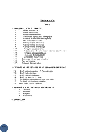 PAG
E
*
ME
PRESENTACIÓN
ÍNDICE
I.FUNDAMENTOS DE SU PRÁCTICA
1.1. Misión institucional
1.2. Visión institucional
1.3. Objetivos estratégicos
1.4. Síntesis de la propuesta pedagógica.
1.5. Fines de la educación santangelina
1.6. Principios institucionales
1.7. Concepción de educación
1.8. Concepción de enseñanza
1.9. Concepción de aprendizaje
1.10. Principios educacionales.
1.11. Necesidades educacionales de los y las estudiantes
1.12. Principios psicopedagógicos
1.13. Propósitos de la educación
1.14. Concepción de currículo
1.15. Elementos del currículo educativo
1.16. Ejes curriculares
1.17. Enfoques transversales
II.PERFILES DE LOS ACTORES DE LA COMUNIDAD EDUCATIVA
2.1. Perfil institucional de la I.E. Santa Ángela.
2.2. Perfil de la directora.
2.3 Perfil de la sub directora.
2.4 Perfil del personal docente.
2.5 Perfil del personal administrativo y de apoyo.
2.6 Perfil del estudiante santangelino.
2.7 Perfil de los padres de familia.
III.VALORES QUE SE DESARROLLARÁN EN LA I.E.
3.1. Justicia
3.2 Libertad
3.3 Respeto
3.4. Solidaridad
IV.EVALUACIÓN
 
