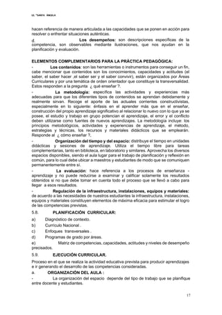 I.E. “SANTA ÁNGELA
17
hacen referencia de manera articulada a las capacidades que se ponen en acción para
resolver o enfrentar situaciones auténticas.
d. Los desempeños: son descripciones específicas de la
competencia, son observables mediante ilustraciones, que nos ayudan en la
planificación y evaluación.
ELEMENTOS COMPLEMENTARIOS PARA LA PRÁCTICA PEDAGÓGICA:
- Los contenidos: son las herramientas o instrumentos para conseguir un fin,
cabe mencionar que contenidos son los conocimientos, capacidades y actitudes (el
saber, el saber hacer ,el saber ser y el saber convivir), están organizados por Áreas
Curriculares y por una temática de orden orientador que constituye la transversalidad.
Estos responden a la pregunta ¿ qué enseñar ?.
- La metodología: específica las actividades y experiencias más
adecuadas para que los diferentes tipos de contenidos se aprendan debidamente y
realmente sirvan. Recoge el aporte de las actuales corrientes constructivistas,
especialmente en lo siguiente: énfasis en el aprender más que en el enseñar,
construcción del propio aprendizaje significativo al relacionar lo nuevo con lo que ya se
posee, el estudio y trabajo en grupo potencian el aprendizaje, el error y el conflicto
deben utilizarse como fuentes de nuevos aprendizajes. La metodología incluye: los
principios metodológicos, actividades y experiencias de aprendizaje, el método,
estrategias y técnicas, los recursos y materiales didácticos que se emplearán.
Responde al ¿ cómo enseñar ?,
- Organización del tiempo y del espacio: distribuye el tiempo en unidades
didácticas y sesiones de aprendizaje. Utiliza el tiempo libre para tareas
complementarias, tanto en biblioteca, en laboratorio y similares. Aprovecha los diversos
espacios disponibles, siendo el aula lugar para el trabajo de planificación y reflexión en
común, para lo cual debe ubicar a maestros y estudiantes de modo que se comuniquen
permanentemente entre sí.
- La evaluación: hace referencia a los procesos de enseñanza -
aprendizaje y no puede reducirse a examinar y calificar solamente los resultados
obtenidos si no que debe tomar en cuenta todo el proceso que se llevó a cabo para
llegar a esos resultados.
- Regulación de la infraestructura, instalaciones, equipos y materiales:
de acuerdo a las necesidades de nuestros estudiantes la infraestructura, instalaciones,
equipos y materiales constituyen elementos de máxima eficacia para estimular el logro
de las competencias previstas.
5.8. PLANIFICACIÓN CURRICULAR:
a) Diagnóstico de contexto.
b) Currículo Nacional .
c) Enfoques transversales .
d) Programas de grado por áreas.
e) Matriz de competencias, capacidades, actitudes y niveles de desempeño
precisados.
5.9. EJECUCIÓN CURRICULAR.
Proceso en el que se realiza la actividad educativa prevista para producir aprendizajes
e ir generando el desarrollo de las competencias consideradas.
a. ORGANIZACIÓN DEL AULA :
- La organización del espacio depende del tipo de trabajo que se planifique
entre docente y estudiantes.
 