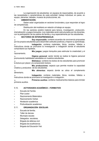 I.E. “SANTA ÁNGELA
18
- La organización de estudiantes: en equipos de responsables, de acuerdo a
las necesidades y características de cada actividad: trabajo individual, en pares, en
equipo, plenarias, debates, museos de producciones, etc.
b. AMBIENTACIÓN:
- Deben estar organizadas en sectores funcionales y que respondan al logro
de competencias.
- Distribución del mobiliario en relación al trabajo en equipo.
- En los sectores existirá material para lectura, investigación, producción,
dramatización y juegos tranquilos. Los materiales serán estructurados por los docentes,
con la participación de los padres de familia y muy especialmente por los estudiantes.
c. SECTORES DE INTERAPRENDIZAJE:
⮚ Soy responsable: contiene acuerdos de convivencia propuestas
por los propios estudiantes para desarrollar actitudes positivas y mejorar su aprendizaje.
⮚ Indagación: contiene materiales, libros, revistas, folletos e
instructivos donde se promueve la investigación e indagación donde el estudiante
comprobará sus hipótesis.
⮚ Mis juegos: juegos tranquilos para estimular la creatividad y el
razonamiento.
⮚ Higiene personal: sector donde se realiza la higiene personal
promoviendo habilidades saludables en nuestros estudiantes.
⮚ Biblioteca: contiene los textos de los estudiantes para promover
la lectura por placer y la comprensión lectora.
⮚ Mis producciones: espacio que permite mostrar la capacidad
creativa y productora de los estudiantes.
⮚ Mis alimentos: espacio donde se ubica el complemento
alimentario.
⮚ Indagación: contiene materiales, libros, revistas, folletos e
instructivos donde se promueve la investigación e indagación.
⮚ Primeros auxilios: contiene medicamentos básicos para brindar
primeros auxilios.
5.10. ACTIVIDADES ACADÉMICO – FORMATIVO
- Escuela de Familia
- Plan Lector.
- Razonamiento Matemático
- Razonamiento Verbal.
- Nivelación académica
- Profundización académica
5.11. ORGANIZACIÓN ESCOLAR:
- Escuela de familia.
- Taller de danzas.
- Municipio escolar.
- Delegados escolares.
- Brigada de defensa civil.
- Brigada de ecoeficiencia.
- Brigada de Educación Vial.
 