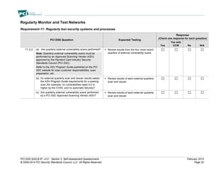 PCI DSS SAQ B-IP, v3.0 – Section 2: Self-Assessment Questionnaire February 2014
© 2006-2014 PCI Security Standards Council, LLC. All Rights Reserved. Page 20
Regularly Monitor and Test Networks
Requirement 11: Regularly test security systems and processes
PCI DSS Question Expected Testing
Response
(Check one response for each question)
Yes
Yes with
CCW No N/A
11.2.2 (a) Are quarterly external vulnerability scans performed?
Note: Quarterly external vulnerability scans must be
performed by an Approved Scanning Vendor (ASV),
approved by the Payment Card Industry Security
Standards Council (PCI SSC).
Refer to the ASV Program Guide published on the PCI
SSC website for scan customer responsibilities, scan
preparation, etc.
 Review results from the four most recent
quarters of external vulnerability scans
(b) Do external quarterly scan and rescan results satisfy
the ASV Program Guide requirements for a passing
scan (for example, no vulnerabilities rated 4.0 or
higher by the CVSS, and no automatic failures)?
 Review results of each external quarterly
scan and rescan
(c) Are quarterly external vulnerability scans performed
by a PCI SSC Approved Scanning Vendor (ASV?
 Review results of each external quarterly
scan and rescan
 