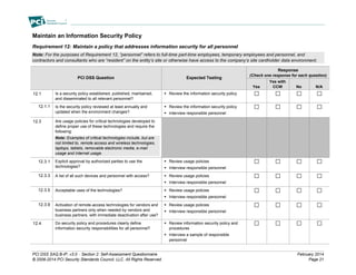 PCI DSS SAQ B-IP, v3.0 – Section 2: Self-Assessment Questionnaire February 2014
© 2006-2014 PCI Security Standards Council, LLC. All Rights Reserved. Page 21
Maintain an Information Security Policy
Requirement 12: Maintain a policy that addresses information security for all personnel
Note: For the purposes of Requirement 12, “personnel” refers to full-time part-time employees, temporary employees and personnel, and
contractors and consultants who are “resident” on the entity’s site or otherwise have access to the company’s site cardholder data environment.
PCI DSS Question Expected Testing
Response
(Check one response for each question)
Yes
Yes with
CCW No N/A
12.1 Is a security policy established, published, maintained,
and disseminated to all relevant personnel?
 Review the information security policy
12.1.1 Is the security policy reviewed at least annually and
updated when the environment changes?
 Review the information security policy
 Interview responsible personnel
12.3 Are usage policies for critical technologies developed to
define proper use of these technologies and require the
following:
Note: Examples of critical technologies include, but are
not limited to, remote access and wireless technologies,
laptops, tablets, removable electronic media, e-mail
usage and Internet usage.
12.3.1 Explicit approval by authorized parties to use the
technologies?
 Review usage policies
 Interview responsible personnel
12.3.3 A list of all such devices and personnel with access?  Review usage policies
 Interview responsible personnel
12.3.5 Acceptable uses of the technologies?  Review usage policies
 Interview responsible personnel
12.3.9 Activation of remote-access technologies for vendors and
business partners only when needed by vendors and
business partners, with immediate deactivation after use?
 Review usage policies
 Interview responsible personnel
12.4 Do security policy and procedures clearly define
information security responsibilities for all personnel?
 Review information security policy and
procedures
 Interview a sample of responsible
personnel
 