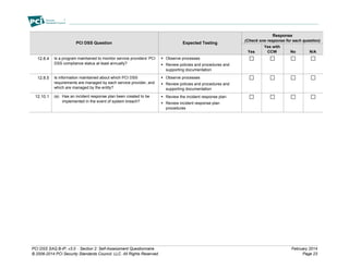 PCI DSS SAQ B-IP, v3.0 – Section 2: Self-Assessment Questionnaire February 2014
© 2006-2014 PCI Security Standards Council, LLC. All Rights Reserved. Page 23
PCI DSS Question Expected Testing
Response
(Check one response for each question)
Yes
Yes with
CCW No N/A
12.8.4 Is a program maintained to monitor service providers’ PCI
DSS compliance status at least annually?
 Observe processes
 Review policies and procedures and
supporting documentation
12.8.5 Is information maintained about which PCI DSS
requirements are managed by each service provider, and
which are managed by the entity?
 Observe processes
 Review policies and procedures and
supporting documentation
12.10.1 (a) Has an incident response plan been created to be
implemented in the event of system breach?
 Review the incident response plan
 Review incident response plan
procedures
 