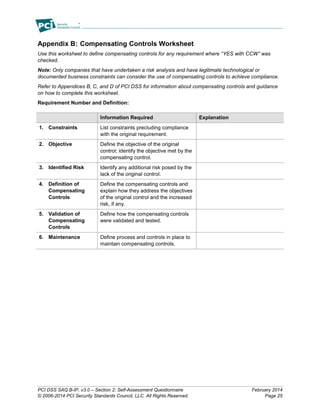 PCI DSS SAQ B-IP, v3.0 – Section 2: Self-Assessment Questionnaire February 2014
© 2006-2014 PCI Security Standards Council, LLC. All Rights Reserved. Page 25
Appendix B: Compensating Controls Worksheet
Use this worksheet to define compensating controls for any requirement where “YES with CCW” was
checked.
Note: Only companies that have undertaken a risk analysis and have legitimate technological or
documented business constraints can consider the use of compensating controls to achieve compliance.
Refer to Appendices B, C, and D of PCI DSS for information about compensating controls and guidance
on how to complete this worksheet.
Requirement Number and Definition:
Information Required Explanation
1. Constraints List constraints precluding compliance
with the original requirement.
2. Objective Define the objective of the original
control; identify the objective met by the
compensating control.
3. Identified Risk Identify any additional risk posed by the
lack of the original control.
4. Definition of
Compensating
Controls
Define the compensating controls and
explain how they address the objectives
of the original control and the increased
risk, if any.
5. Validation of
Compensating
Controls
Define how the compensating controls
were validated and tested.
6. Maintenance Define process and controls in place to
maintain compensating controls.
 