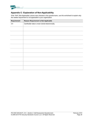 PCI DSS SAQ B-IP, v3.0 – Section 2: Self-Assessment Questionnaire February 2014
© 2006-2014 PCI Security Standards Council, LLC. All Rights Reserved. Page 26
Appendix C: Explanation of Non-Applicability
If the “N/A” (Not Applicable) column was checked in the questionnaire, use this worksheet to explain why
the related requirement is not applicable to your organization.
Requirement Reason Requirement is Not Applicable
3.4 Cardholder data is never stored electronically
 