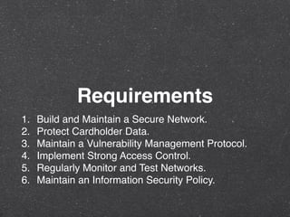 Requirements
1. Build and Maintain a Secure Network.
2. Protect Cardholder Data.
3. Maintain a Vulnerability Management Protocol.
4. Implement Strong Access Control.
5. Regularly Monitor and Test Networks.
6. Maintain an Information Security Policy.
 