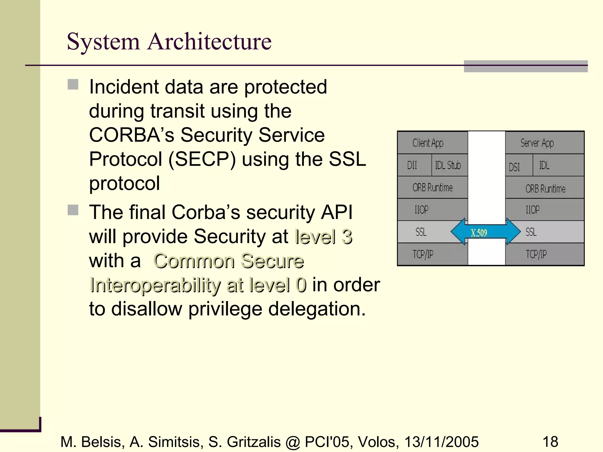 M. Belsis, A. Simitsis, S. Gritzalis @ PCI'05, Volos, 13/11/2005 18
System Architecture
 Incident data are protected
during transit using the
CORBA’s Security Service
Protocol (SECP) using the SSL
protocol
 The final Corba’s security API
will provide Security at level 3level 3
with a Common SecureCommon Secure
Interoperability at level 0Interoperability at level 0 in order
to disallow privilege delegation.
 