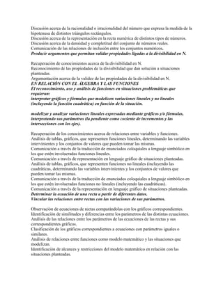 Discusión acerca de la racionalidad o irracionalidad del número que expresa la medida de la
hipotenusa de distintos triángulos rectángulos.
Discusión acerca de la representación en la recta numérica de distintos tipos de números.
Discusión acerca de la densidad y completitud del conjunto de números reales.
Comunicación de las relaciones de inclusión entre los conjuntos numéricos.
Producir argumentos que permitan validar propiedades ligadas a la divisibilidad en N.
Recuperación de conocimientos acerca de la divisibilidad en N.
Reconocimiento de las propiedades de la divisibilidad que dan solución a situaciones
planteadas.
Argumentación acerca de la validez de las propiedades de la divisibilidad en N.
EN RELACIÓN CON EL ÁLGEBRA Y LAS FUNCIONES
El reconocimiento, uso y análisis de funciones en situaciones problemáticas que
requieran:
interpretar gráficos y fórmulas que modelicen variaciones lineales y no lineales
(incluyendo la función cuadrática) en función de la situación.
modelizar y analizar variaciones lineales expresadas mediante gráficos y/o fórmulas,
interpretando sus parámetros (la pendiente como cociente de incrementos y las
intersecciones con los ejes).
Recuperación de los conocimientos acerca de relaciones entre variables y funciones.
Análisis de tablas, gráficos, que representen funciones lineales, determinando las variables
intervinientes y los conjuntos de valores que pueden tomar las mismas.
Comunicación a través de la traducción de enunciados coloquiales a lenguaje simbólico en
los que estén involucradas funciones lineales.
Comunicación a través de representación en lenguaje gráfico de situaciones planteadas.
Análisis de tablas, gráficos, que representen funciones no lineales (incluyendo las
cuadráticas, determinando las variables intervinientes y los conjuntos de valores que
pueden tomar las mismas.
Comunicación a través de la traducción de enunciados coloquiales a lenguaje simbólico en
los que estén involucradas funciones no lineales (incluyendo las cuadráticas).
Comunicación a través de la representación en lenguaje gráfico de situaciones planteadas.
Determinar la ecuación de una recta a partir de diferentes datos.
Vincular las relaciones entre rectas con las variaciones de sus parámetros.
Observación de ecuaciones de rectas comparándolas con los gráficos correspondientes.
Identificación de similitudes y diferencias entre los parámetros de las distintas ecuaciones.
Análisis de las relaciones entre los parámetros de las ecuaciones de las rectas y sus
correspondientes gráficos.
Clasificación de los gráficos correspondientes a ecuaciones con parámetros iguales o
similares.
Análisis de relaciones entre funciones como modelo matemático y las situaciones que
modelizan.
Identificación de alcances y restricciones del modelo matemático en relación con las
situaciones planteadas.
 