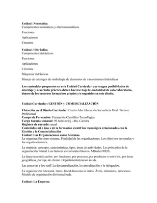 Unidad: Neumática
Componentes neumáticos y electroneumáticos
Funciones
Aplicaciones
Circuitos
Unidad: Hidráulica
Componentes hidráulicos
Funciones
Aplicaciones
Circuitos
Máquinas hidráulicas
Manejo de catálogos de simbología de elementos de transmisiones hidráulicas
Los contenidos propuestos en esta Unidad Curricular que tengan posibilidades de
abordaje y desarrollo práctico deben hacerse bajo la modalidad de aula/laboratorio,
dentro de los entornos formativos propios y/o sugeridos en este diseño.
Unidad Curricular: GESTIÓN y COMERCIALIZACIÓN
Ubicación en el Diseño Curricular: Cuarto Año Educación Secundaria Mod. Técnico
Profesional
Campo de Formación: Formación Científico Tecnológica
Carga horaria semanal: 96 horas reloj - 4hs. Cátedra
Régimen de cursado: anual
Contenidos mí n imo s de la formación científ ico tecnológica relacionados con la
Gestión y la Comercialización
Unidad: Las Organizaciones como Sistemas.
La organización como sistema. Finalidad de las organizaciones. Los objetivos personales y
los organizacionales.
La empresa: concepto, características, tipos, áreas de actividades. Los principios de la
organización formal. Los factores estructurales básicos. Método FODA.
La departamentalización: por funciones, por procesos, por productos o servicios, por áreas
geográficas, por tipo de cliente. Departamentalización mixta.
Las asesorías y los staff. La descentralización, la centralización y la delegación.
La organización funcional, lineal, lineal-funcional o mixta. Áreas, elementos, relaciones.
Modelo de organización divisionalizada.
Unidad: La Empresa
 