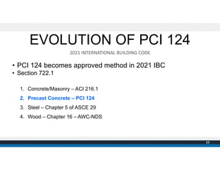 • PCI 124 becomes approved method in 2021 IBC
• Section 722.1
1. Concrete/Masonry – ACI 216.1
2. Precast Concrete – PCI 12...