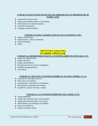 INSTITUTO FERNANDEZ SALVADOR | Prof. Freddy Moreno 12
UNIDAD No.9 QUE SATISFACCION HE COLABORADO CON EL PROGRESO DE MI
PATRIA. (12P.)
Lanzamiento de precisión.
Juegos para alcanzar goles con las manos.
Movimientos con material natural.
Equilibrios (aparatos)
Lenguaje corporal (mimo)
UNIDAD No.10 QUE ALEGRIA LLEGAN LAS VACACIONES. (12P.)
Juegos tradicionales.
Suspensiones y saltos en aparatos.
Danza folclórica.
Mimo.
ASIGNATURA: Cultura Física.
CUARTO AÑO E.G.B.
UNIDAD No.1 REGRESEMOS FELICES A NUESTRO AMBIENTE ESCOLAR. (12 P.)
Juegos de ambientación.
Juegos sencillos.
Juegos memorísticos.
Presentación de sus nuevos compañeros.
Medidas antropométricas.
Test físicos.
UNIDAD No.2 ME GUSTA INVESTIGAR SOBRE EL PLANETA TIERRA. (12 P.)
Carreras de velocidad y relevos.
Salto con y sin impulso.
Lanzamiento en precisión y en distancia.
Movimientos corporales con música.
Equilibrios, juegos de lucha y caídas.
UNIDAD No.3 LA NAVIDAD TIEMPO DE PAZ Y AMOR. (12 P.)
Juegos populares.
Juegos para alcanzar goles con las manos.
Juegos para alcanzar goles con los pies.
Movimientos con materiales reciclables.
Ejercicios aeróbicos.
Juegos con ideas: fuerza.
 