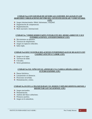 INSTITUTO FERNANDEZ SALVADOR | Prof. Freddy Moreno 19
UNIDAD No.6 CON EQUIDAD DE GENERO ALCANZEMOS IGUALDAD EN LOS
DERECHOS Y OBLIGACIONES DENTRO DEL CONTEXTO ESCOLAR Y COMUNITARIO.
(12P.)
Juegos internacionales: fútbol, balonmano, voleyball.
Organización de competencias.
Reglamentación.
Baile nacional e internacional.
UNIDAD No.7 TODOS SOMOS PARTE INTEGRANTE DEL MEDIO AMBIENTE Y SUS
INTERRELACIONES, ¡CONSERVEMOSLO! (12P.)
Movimientos en aparatos.
Técnicas de relajamiento.
Juegos en espacios reducidos.
Salto triple.
UNIDAD No.8 QUE NUESTRAS RELACIONES INTERPERSONALES SE REALICEN CON
CALIDEZ AFECTIVA Y AMOR. (12P.)
Juegos en el agua.
Técnicas de nadar.
Clavados.
Series gimnásticas.
UNIDAD No.9 EL NIÑO CON EL APOYO DE UNA FAMILIA SÓLIDA LOGRA UN
FUTURO EXITOSO. (12P.)
Danza folclórica.
Lanzamiento en distancia.
Posiciones invertidas.
Dramatización y mimo.
UNIDAD No.10 CON LA TRANQUILIDAD Y EL DEBER CUMPLIDO DISPONGAMONOS A
DISFRUTAR LAS VACACIONES. (12P.)
Juegos nacionales.
Dramatización.
Análisis del físico culturismo.
Primeros auxilios.
Juegos en la naturaleza.
 