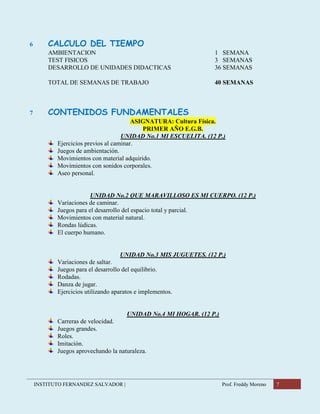 INSTITUTO FERNANDEZ SALVADOR | Prof. Freddy Moreno 7
6 CALCULO DEL TIEMPO
AMBIENTACION 1 SEMANA
TEST FISICOS 3 SEMANAS
DESARROLLO DE UNIDADES DIDACTICAS 36 SEMANAS
TOTAL DE SEMANAS DE TRABAJO 40 SEMANAS
7 CONTENIDOS FUNDAMENTALES
ASIGNATURA: Cultura Física.
PRIMER AÑO E.G.B.
UNIDAD No.1 MI ESCUELITA. (12 P.)
Ejercicios previos al caminar.
Juegos de ambientación.
Movimientos con material adquirido.
Movimientos con sonidos corporales.
Aseo personal.
UNIDAD No.2 QUE MARAVILLOSO ES MI CUERPO. (12 P.)
Variaciones de caminar.
Juegos para el desarrollo del espacio total y parcial.
Movimientos con material natural.
Rondas lúdicas.
El cuerpo humano.
UNIDAD No.3 MIS JUGUETES. (12 P.)
Variaciones de saltar.
Juegos para el desarrollo del equilibrio.
Rodadas.
Danza de jugar.
Ejercicios utilizando aparatos e implementos.
UNIDAD No.4 MI HOGAR. (12 P.)
Carreras de velocidad.
Juegos grandes.
Roles.
Imitación.
Juegos aprovechando la naturaleza.
 