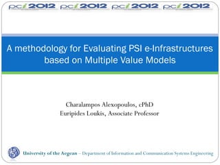 University of the Aegean – Department of Information and Communication Systems Engineering
A methodology for Evaluating PSI e-Infrastructures
based on Multiple Value Models
Charalampos Alexopoulos, cPhD
Euripides Loukis, Associate Professor
 