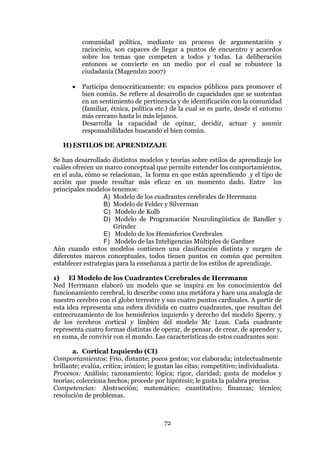 72
comunidad política, mediante un proceso de argumentación y
raciocinio, son capaces de llegar a puntos de encuentro y acuerdos
sobre los temas que competen a todos y todas. La deliberación
entonces se convierte en un medio por el cual se robustece la
ciudadanía (Magendzo 2007)
 Participa democráticamente: en espacios públicos para promover el
bien común. Se refiere al desarrollo de capacidades que se sustentan
en un sentimiento de pertinencia y de identificación con la comunidad
(familiar, étnica, política etc.) de la cual se es parte, desde el entorno
más cercano hasta lo más lejanos.
Desarrolla la capacidad de opinar, decidir, actuar y asumir
responsabilidades buscando el bien común.
H)ESTILOS DE APRENDIZAJE
Se han desarrollado distintos modelos y teorías sobre estilos de aprendizaje los
cuáles ofrecen un marco conceptual que permite entender los comportamientos,
en el aula, cómo se relacionan, la forma en que están aprendiendo y el tipo de
acción que puede resultar más eficaz en un momento dado. Entre los
principales modelos tenemos:
A) Modelo de los cuadrantes cerebrales de Herrmann
B) Modelo de Felder y Silverman
C) Modelo de Kolb
D) Modelo de Programación Neurolingüística de Bandler y
Grinder
E) Modelo de los Hemisferios Cerebrales
F) Modelo de las Inteligencias Múltiples de Gardner
Aún cuando estos modelos contienen una clasificación distinta y surgen de
diferentes marcos conceptuales, todos tienen puntos en común que permiten
establecer estrategias para la enseñanza a partir de los estilos de aprendizaje.
1) El Modelo de los Cuadrantes Cerebrales de Herrmann
Ned Herrmann elaboró un modelo que se inspira en los conocimientos del
funcionamiento cerebral, lo describe como una metáfora y hace una analogía de
nuestro cerebro con el globo terrestre y sus cuatro puntos cardinales. A partir de
esta idea representa una esfera dividida en cuatro cuadrantes, que resultan del
entrecruzamiento de los hemisferios izquierdo y derecho del modelo Sperry, y
de los cerebros cortical y límbico del modelo Mc Lean. Cada cuadrante
representa cuatro formas distintas de operar, de pensar, de crear, de aprender y,
en suma, de convivir con el mundo. Las características de estos cuadrantes son:
a. Cortical Izquierdo (CI)
Comportamientos: Frío, distante; pocos gestos; voz elaborada; intelectualmente
brillante; evalúa, critica; irónico; le gustan las citas; competitivo; individualista.
Procesos: Análisis; razonamiento; lógica; rigor, claridad; gusta de modelos y
teorías; colecciona hechos; procede por hipótesis; le gusta la palabra precisa.
Competencias: Abstracción; matemático; cuantitativo; finanzas; técnico;
resolución de problemas.
 