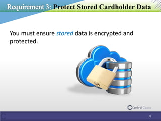 Protect Stored Cardholder Data
You must ensure stored data is encrypted and
protected.
21
 