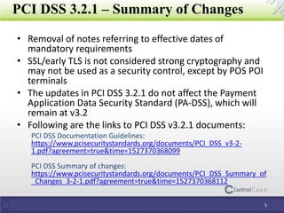 PCI DSS 3.2.1 – Summary of Changes
• Removal of notes referring to effective dates of
mandatory requirements
• SSL/early TLS is not considered strong cryptography and
may not be used as a security control, except by POS POI
terminals
• The updates in PCI DSS 3.2.1 do not affect the Payment
Application Data Security Standard (PA-DSS), which will
remain at v3.2
• Following are the links to PCI DSS v3.2.1 documents:
PCI DSS Documentation Guidelines:
https://www.pcisecuritystandards.org/documents/PCI_DSS_v3-2-
1.pdf?agreement=true&time=1527370368099
PCI DSS Summary of changes:
https://www.pcisecuritystandards.org/documents/PCI_DSS_Summary_of
_Changes_3-2-1.pdf?agreement=true&time=1527370368112
5
 