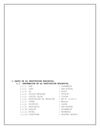 1. DATOS DE LA INSTITUCIÓN EDUCATIVA.
1.1. INFORMACIÓN DE LA INSTITUCIÓN EDUCATIVA.
1.1.1. DRE : CAJAMARCA
1.1.2. UGEL : SAN MIGUEL
1.1.3. IE : 82803
1.1.4. CODIGO MODULAR : 0380187
1.1.5. CODIGO LOCAL : 134698
1.1.6. RESOLUCIÓN DE CREACIÓN : RM N° 1114-71
1.1.7. TURNO : Mañana
1.1.8. DISTRITO : LLAPA
1.1.9. PROVINCIA : SAN MIGUEL
1.1.10. REGIÓN : CAJAMARCA
1.1.11. NIVEL : PRIMARIA
1.1.12. DIRECTORA : SEGUNDO NORIEL
 