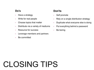 Do’s
- Have a strategy
- Write for real people
- Choose topics that matter
- Distribute via a variety of mediums
- Resource for success
- Leverage members and partners
- Be committed
Don'ts
- Self promote
- Rely on a single distribution strategy
- Duplicate what everyone else is doing
- Put everything behind a password
- Be boring
CLOSING TIPS
 