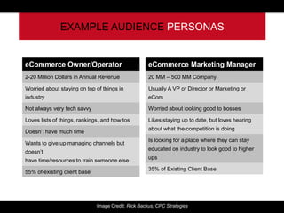 Image Credit: Rick Backus, CPC Strategies
EXAMPLE AUDIENCE PERSONAS
eCommerce Owner/Operator
2-20 Million Dollars in Annual Revenue
Worried about staying on top of things in
industry
Not always very tech savvy
Loves lists of things, rankings, and how tos
Doesn’t have much time
Wants to give up managing channels but
doesn’t
have time/resources to train someone else
55% of existing client base
eCommerce Marketing Manager
20 MM – 500 MM Company
Usually A VP or Director or Marketing or
eCom
Worried about looking good to bosses
Likes staying up to date, but loves hearing
about what the competition is doing
Is looking for a place where they can stay
educated on industry to look good to higher
ups
35% of Existing Client Base
 