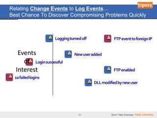 Relating Change Events to Log Events…
Best Chance To Discover Compromising Problems Quickly



                     Logging turned off             FTP event to foreign IP


   Events                       New user added
     of Login successful
  Interest                                          FTP enabled
  10 failed logins
                                          DLL modified by new user




                                  34               Don’t Take Chances. TAKE CONTROL.
 