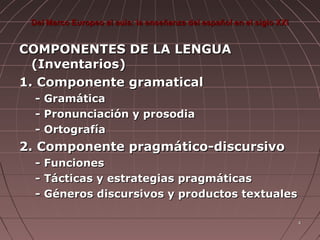 Del Marco Europeo al aula: la enseñanza del español en el siglo XXI

COMPONENTES DE LA LENGUA
(Inventarios)
1. Componente gramatical
- Gramática
- Pronunciación y prosodia
- Ortografía

2. Componente pragmático-discursivo
- Funciones
- Tácticas y estrategias pragmáticas
- Géneros discursivos y productos textuales
4

 