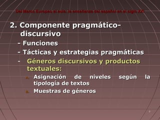 Del Marco Europeo al aula: la enseñanza del español en el siglo XXI

2. Componente pragmáticodiscursivo
- Funciones
- Tácticas y estrategias pragmáticas
- Géneros discursivos y productos
textuales:
A.

B.

Asignación
de
niveles
tipología de textos
Muestras de géneros

según

la

6

 