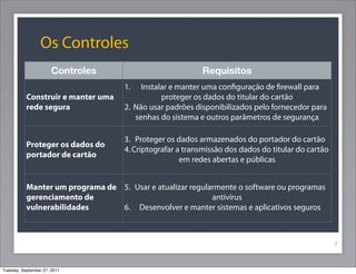 Os Controles
7
Controles Requisitos
Construir e manter uma
rede segura
1. Instalar e manter uma conﬁguração de ﬁrewall para
proteger os dados do titular do cartão
2. Não usar padrões disponibilizados pelo fornecedor para
senhas do sistema e outros parâmetros de segurança
Proteger os dados do
portador de cartão
3. Proteger os dados armazenados do portador do cartão
4.Criptografar a transmissão dos dados do titular do cartão
em redes abertas e públicas
Manter um programa de
gerenciamento de
vulnerabilidades
5. Usar e atualizar regularmente o software ou programas
antivírus
6. Desenvolver e manter sistemas e aplicativos seguros
Tuesday, September 27, 2011
 