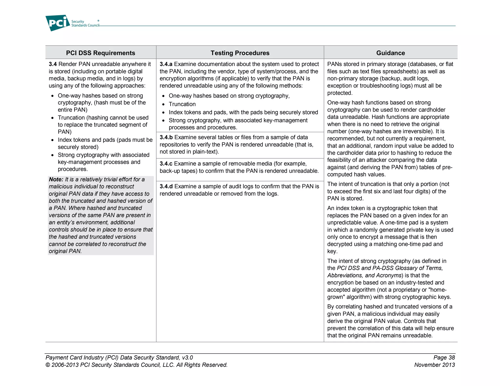 Payment Card Industry (PCI) Data Security Standard, v3.0 Page 38
© 2006-2013 PCI Security Standards Council, LLC. All Rights Reserved. November 2013
PCI DSS Requirements Testing Procedures Guidance
3.4 Render PAN unreadable anywhere it
is stored (including on portable digital
media, backup media, and in logs) by
using any of the following approaches:
 One-way hashes based on strong
cryptography, (hash must be of the
entire PAN)
 Truncation (hashing cannot be used
to replace the truncated segment of
PAN)
 Index tokens and pads (pads must be
securely stored)
 Strong cryptography with associated
key-management processes and
procedures.
Note: It is a relatively trivial effort for a
malicious individual to reconstruct
original PAN data if they have access to
both the truncated and hashed version of
a PAN. Where hashed and truncated
versions of the same PAN are present in
an entity’s environment, additional
controls should be in place to ensure that
the hashed and truncated versions
cannot be correlated to reconstruct the
original PAN.
3.4.a Examine documentation about the system used to protect
the PAN, including the vendor, type of system/process, and the
encryption algorithms (if applicable) to verify that the PAN is
rendered unreadable using any of the following methods:
 One-way hashes based on strong cryptography,
 Truncation
 Index tokens and pads, with the pads being securely stored
 Strong cryptography, with associated key-management
processes and procedures.
PANs stored in primary storage (databases, or flat
files such as text files spreadsheets) as well as
non-primary storage (backup, audit logs,
exception or troubleshooting logs) must all be
protected.
One-way hash functions based on strong
cryptography can be used to render cardholder
data unreadable. Hash functions are appropriate
when there is no need to retrieve the original
number (one-way hashes are irreversible). It is
recommended, but not currently a requirement,
that an additional, random input value be added to
the cardholder data prior to hashing to reduce the
feasibility of an attacker comparing the data
against (and deriving the PAN from) tables of pre-
computed hash values.
The intent of truncation is that only a portion (not
to exceed the first six and last four digits) of the
PAN is stored.
An index token is a cryptographic token that
replaces the PAN based on a given index for an
unpredictable value. A one-time pad is a system
in which a randomly generated private key is used
only once to encrypt a message that is then
decrypted using a matching one-time pad and
key.
The intent of strong cryptography (as defined in
the PCI DSS and PA-DSS Glossary of Terms,
Abbreviations, and Acronyms) is that the
encryption be based on an industry-tested and
accepted algorithm (not a proprietary or "home-
grown" algorithm) with strong cryptographic keys.
By correlating hashed and truncated versions of a
given PAN, a malicious individual may easily
derive the original PAN value. Controls that
prevent the correlation of this data will help ensure
that the original PAN remains unreadable.
3.4.b Examine several tables or files from a sample of data
repositories to verify the PAN is rendered unreadable (that is,
not stored in plain-text).
3.4.c Examine a sample of removable media (for example,
back-up tapes) to confirm that the PAN is rendered unreadable.
3.4.d Examine a sample of audit logs to confirm that the PAN is
rendered unreadable or removed from the logs.
 
