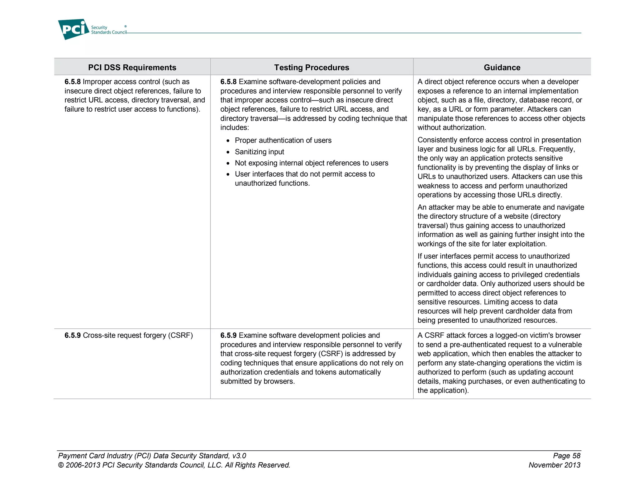 Payment Card Industry (PCI) Data Security Standard, v3.0 Page 58
© 2006-2013 PCI Security Standards Council, LLC. All Rights Reserved. November 2013
PCI DSS Requirements Testing Procedures Guidance
6.5.8 Improper access control (such as
insecure direct object references, failure to
restrict URL access, directory traversal, and
failure to restrict user access to functions).
6.5.8 Examine software-development policies and
procedures and interview responsible personnel to verify
that improper access control—such as insecure direct
object references, failure to restrict URL access, and
directory traversal—is addressed by coding technique that
includes:
 Proper authentication of users
 Sanitizing input
 Not exposing internal object references to users
 User interfaces that do not permit access to
unauthorized functions.
A direct object reference occurs when a developer
exposes a reference to an internal implementation
object, such as a file, directory, database record, or
key, as a URL or form parameter. Attackers can
manipulate those references to access other objects
without authorization.
Consistently enforce access control in presentation
layer and business logic for all URLs. Frequently,
the only way an application protects sensitive
functionality is by preventing the display of links or
URLs to unauthorized users. Attackers can use this
weakness to access and perform unauthorized
operations by accessing those URLs directly.
An attacker may be able to enumerate and navigate
the directory structure of a website (directory
traversal) thus gaining access to unauthorized
information as well as gaining further insight into the
workings of the site for later exploitation.
If user interfaces permit access to unauthorized
functions, this access could result in unauthorized
individuals gaining access to privileged credentials
or cardholder data. Only authorized users should be
permitted to access direct object references to
sensitive resources. Limiting access to data
resources will help prevent cardholder data from
being presented to unauthorized resources.
6.5.9 Cross-site request forgery (CSRF) 6.5.9 Examine software development policies and
procedures and interview responsible personnel to verify
that cross-site request forgery (CSRF) is addressed by
coding techniques that ensure applications do not rely on
authorization credentials and tokens automatically
submitted by browsers.
A CSRF attack forces a logged-on victim's browser
to send a pre-authenticated request to a vulnerable
web application, which then enables the attacker to
perform any state-changing operations the victim is
authorized to perform (such as updating account
details, making purchases, or even authenticating to
the application).
 