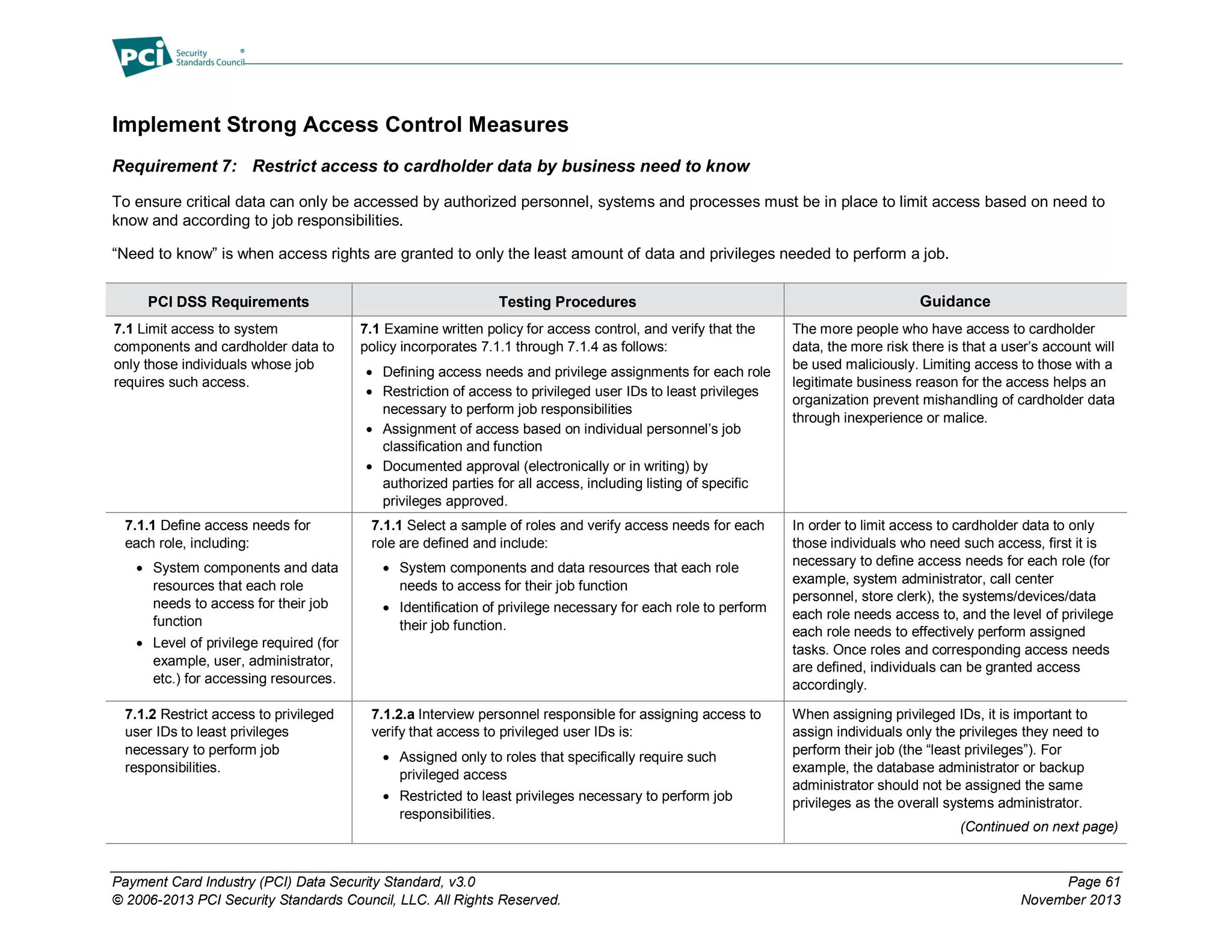 Payment Card Industry (PCI) Data Security Standard, v3.0 Page 61
© 2006-2013 PCI Security Standards Council, LLC. All Rights Reserved. November 2013
Implement Strong Access Control Measures
Requirement 7: Restrict access to cardholder data by business need to know
To ensure critical data can only be accessed by authorized personnel, systems and processes must be in place to limit access based on need to
know and according to job responsibilities.
“Need to know” is when access rights are granted to only the least amount of data and privileges needed to perform a job.
PCI DSS Requirements Testing Procedures Guidance
7.1 Limit access to system
components and cardholder data to
only those individuals whose job
requires such access.
7.1 Examine written policy for access control, and verify that the
policy incorporates 7.1.1 through 7.1.4 as follows:
 Defining access needs and privilege assignments for each role
 Restriction of access to privileged user IDs to least privileges
necessary to perform job responsibilities
 Assignment of access based on individual personnel’s job
classification and function
 Documented approval (electronically or in writing) by
authorized parties for all access, including listing of specific
privileges approved.
The more people who have access to cardholder
data, the more risk there is that a user’s account will
be used maliciously. Limiting access to those with a
legitimate business reason for the access helps an
organization prevent mishandling of cardholder data
through inexperience or malice.
7.1.1 Define access needs for
each role, including:
 System components and data
resources that each role
needs to access for their job
function
 Level of privilege required (for
example, user, administrator,
etc.) for accessing resources.
7.1.1 Select a sample of roles and verify access needs for each
role are defined and include:
 System components and data resources that each role
needs to access for their job function
 Identification of privilege necessary for each role to perform
their job function.
In order to limit access to cardholder data to only
those individuals who need such access, first it is
necessary to define access needs for each role (for
example, system administrator, call center
personnel, store clerk), the systems/devices/data
each role needs access to, and the level of privilege
each role needs to effectively perform assigned
tasks. Once roles and corresponding access needs
are defined, individuals can be granted access
accordingly.
7.1.2 Restrict access to privileged
user IDs to least privileges
necessary to perform job
responsibilities.
7.1.2.a Interview personnel responsible for assigning access to
verify that access to privileged user IDs is:
 Assigned only to roles that specifically require such
privileged access
 Restricted to least privileges necessary to perform job
responsibilities.
When assigning privileged IDs, it is important to
assign individuals only the privileges they need to
perform their job (the “least privileges”). For
example, the database administrator or backup
administrator should not be assigned the same
privileges as the overall systems administrator.
(Continued on next page)
 