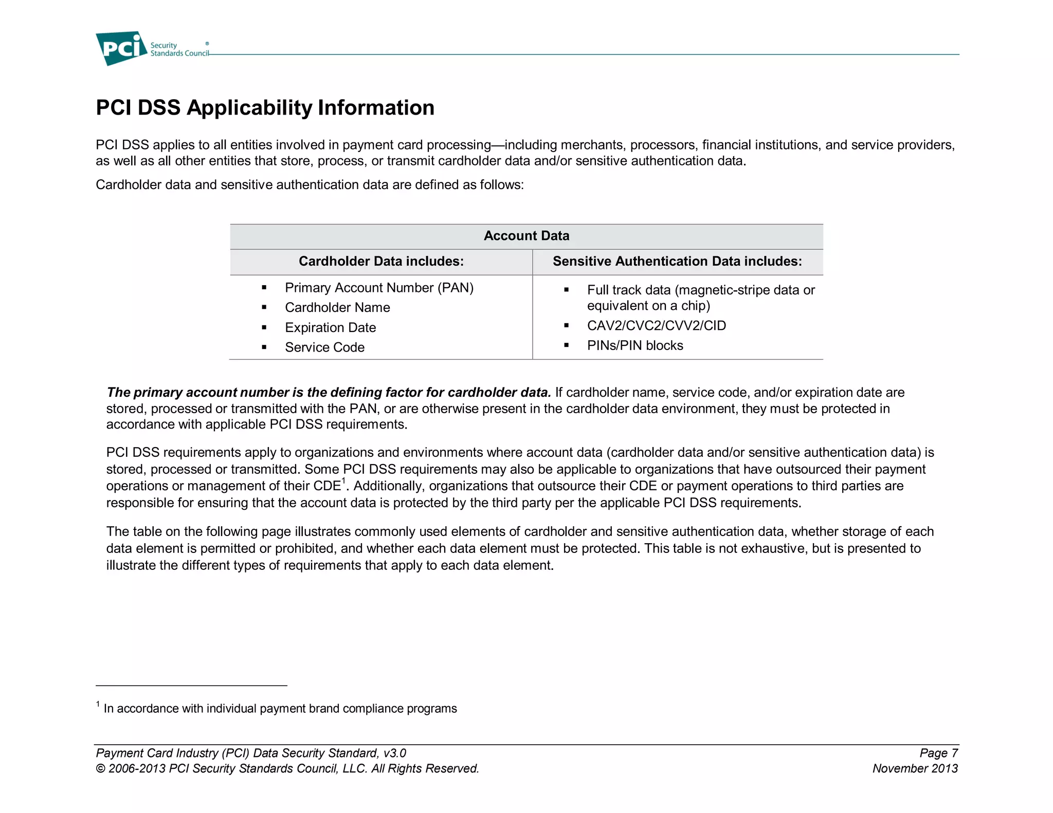 Payment Card Industry (PCI) Data Security Standard, v3.0 Page 7
© 2006-2013 PCI Security Standards Council, LLC. All Rights Reserved. November 2013
PCI DSS Applicability Information
PCI DSS applies to all entities involved in payment card processing—including merchants, processors, financial institutions, and service providers,
as well as all other entities that store, process, or transmit cardholder data and/or sensitive authentication data.
Cardholder data and sensitive authentication data are defined as follows:
Account Data
Cardholder Data includes: Sensitive Authentication Data includes:
 Primary Account Number (PAN)
 Cardholder Name
 Expiration Date
 Service Code
 Full track data (magnetic-stripe data or
equivalent on a chip)
 CAV2/CVC2/CVV2/CID
 PINs/PIN blocks
The primary account number is the defining factor for cardholder data. If cardholder name, service code, and/or expiration date are
stored, processed or transmitted with the PAN, or are otherwise present in the cardholder data environment, they must be protected in
accordance with applicable PCI DSS requirements.
PCI DSS requirements apply to organizations and environments where account data (cardholder data and/or sensitive authentication data) is
stored, processed or transmitted. Some PCI DSS requirements may also be applicable to organizations that have outsourced their payment
operations or management of their CDE1
. Additionally, organizations that outsource their CDE or payment operations to third parties are
responsible for ensuring that the account data is protected by the third party per the applicable PCI DSS requirements.
The table on the following page illustrates commonly used elements of cardholder and sensitive authentication data, whether storage of each
data element is permitted or prohibited, and whether each data element must be protected. This table is not exhaustive, but is presented to
illustrate the different types of requirements that apply to each data element.
1
In accordance with individual payment brand compliance programs
 