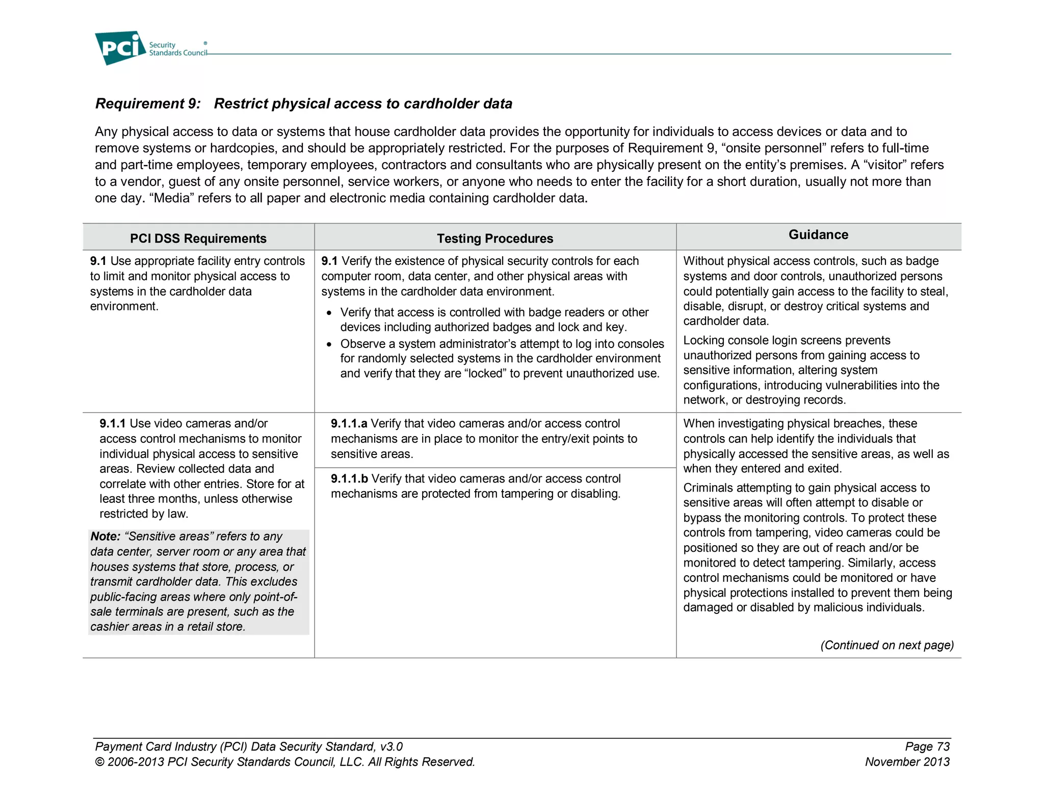 Payment Card Industry (PCI) Data Security Standard, v3.0 Page 73
© 2006-2013 PCI Security Standards Council, LLC. All Rights Reserved. November 2013
Requirement 9: Restrict physical access to cardholder data
Any physical access to data or systems that house cardholder data provides the opportunity for individuals to access devices or data and to
remove systems or hardcopies, and should be appropriately restricted. For the purposes of Requirement 9, “onsite personnel” refers to full-time
and part-time employees, temporary employees, contractors and consultants who are physically present on the entity’s premises. A “visitor” refers
to a vendor, guest of any onsite personnel, service workers, or anyone who needs to enter the facility for a short duration, usually not more than
one day. “Media” refers to all paper and electronic media containing cardholder data.
PCI DSS Requirements Testing Procedures Guidance
9.1 Use appropriate facility entry controls
to limit and monitor physical access to
systems in the cardholder data
environment.
9.1 Verify the existence of physical security controls for each
computer room, data center, and other physical areas with
systems in the cardholder data environment.
 Verify that access is controlled with badge readers or other
devices including authorized badges and lock and key.
 Observe a system administrator’s attempt to log into consoles
for randomly selected systems in the cardholder environment
and verify that they are “locked” to prevent unauthorized use.
Without physical access controls, such as badge
systems and door controls, unauthorized persons
could potentially gain access to the facility to steal,
disable, disrupt, or destroy critical systems and
cardholder data.
Locking console login screens prevents
unauthorized persons from gaining access to
sensitive information, altering system
configurations, introducing vulnerabilities into the
network, or destroying records.
9.1.1 Use video cameras and/or
access control mechanisms to monitor
individual physical access to sensitive
areas. Review collected data and
correlate with other entries. Store for at
least three months, unless otherwise
restricted by law.
Note: “Sensitive areas” refers to any
data center, server room or any area that
houses systems that store, process, or
transmit cardholder data. This excludes
public-facing areas where only point-of-
sale terminals are present, such as the
cashier areas in a retail store.
9.1.1.a Verify that video cameras and/or access control
mechanisms are in place to monitor the entry/exit points to
sensitive areas.
When investigating physical breaches, these
controls can help identify the individuals that
physically accessed the sensitive areas, as well as
when they entered and exited.
Criminals attempting to gain physical access to
sensitive areas will often attempt to disable or
bypass the monitoring controls. To protect these
controls from tampering, video cameras could be
positioned so they are out of reach and/or be
monitored to detect tampering. Similarly, access
control mechanisms could be monitored or have
physical protections installed to prevent them being
damaged or disabled by malicious individuals.
(Continued on next page)
9.1.1.b Verify that video cameras and/or access control
mechanisms are protected from tampering or disabling.
 