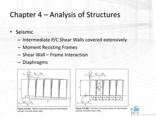 Chapter 4 – Analysis of Structures
• Seismic
– Intermediate P/C Shear Walls covered extensively
– Moment Resisting Frames
– Shear Wall – Frame Interaction
– Diaphragms
 