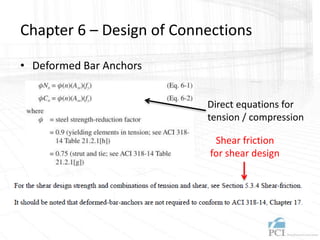 Chapter 6 – Design of Connections
• Deformed Bar Anchors
Direct equations for
tension / compression
Shear friction
for shear design
 