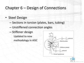 Chapter 6 – Design of Connections
• Steel Design
– Sections in torsion (plates, bars, tubing)
– Unstiffened connection angles
– Stiffener design
Updated to new
methodology in AISC
 