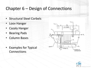 Chapter 6 – Design of Connections
• Structural Steel Corbels
• Loov Hanger
• Cazaly Hanger
• Bearing Pads
• Column Bases
• Examples for Typical
Connections
 