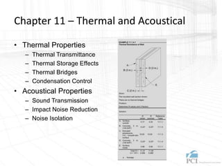 Chapter 11 – Thermal and Acoustical
• Thermal Properties
– Thermal Transmittance
– Thermal Storage Effects
– Thermal Bridges
– Condensation Control
• Acoustical Properties
– Sound Transmission
– Impact Noise Reduction
– Noise Isolation
 