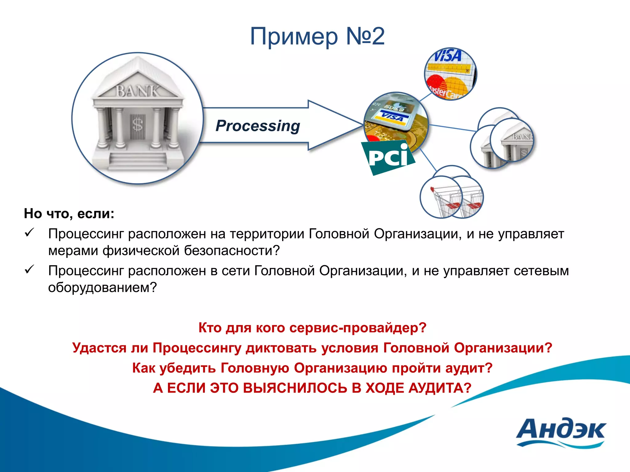 Пример №2

Processing

Но что, если:
 Процессинг расположен на территории Головной Организации, и не управляет
мерами физической безопасности?
 Процессинг расположен в сети Головной Организации, и не управляет сетевым
оборудованием?
Кто для кого сервис-провайдер?
Удастся ли Процессингу диктовать условия Головной Организации?
Как убедить Головную Организацию пройти аудит?
А ЕСЛИ ЭТО ВЫЯСНИЛОСЬ В ХОДЕ АУДИТА?

 