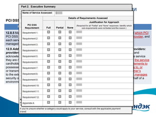 Взаимодействие с сервис-провайдерами
PCI DSS 3.0 – Новые требования
PCI DSS Requirements

Testing Procedures

12.8.5 Maintain information about which
PCI DSS requirements are managed by
each service provider, and which are
managed by the entity.

12.8.5 Verify the entity maintains information about which PCI
DSS requirements are managed by each service provider, and
which are managed by the entity.

12.9 Additional requirement for service
providers: Service providers
acknowledge in writing to customers that
they are responsible for the security of
cardholder data the service provider
possesses or otherwise stores, processes,
or transmits on behalf of the customer, or
to the extent that they could impact the
security of the customer’s cardholder data
environment.

12.9 Additional testing procedure for service providers:
Review service provider’s policies and procedures and
observe written agreement templates to confirm the service
provider acknowledges in writing to customers that the service
provider will maintain all applicable PCI DSS requirements to
the extent the service provider handles, has access to, or
otherwise stores, processes or transmits the customer’s
cardholder data or sensitive authentication data, or manages
the customer's cardholder data environment on behalf of a
customer.

+ изменена форма Attestation of Compliance

 