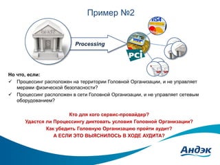 Пример №2

Processing

Но что, если:
 Процессинг расположен на территории Головной Организации, и не управляет
мерами физической безопасности?
 Процессинг расположен в сети Головной Организации, и не управляет сетевым
оборудованием?
Кто для кого сервис-провайдер?
Удастся ли Процессингу диктовать условия Головной Организации?
Как убедить Головную Организацию пройти аудит?
А ЕСЛИ ЭТО ВЫЯСНИЛОСЬ В ХОДЕ АУДИТА?

 