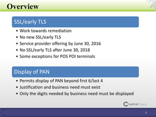 Overview
5
SSL/early TLS
• Work towards remediation
• No new SSL/early TLS
• Service provider offering by June 30, 2016
• No SSL/early TLS after June 30, 2018
• Some exceptions for POS POI terminals
Display of PAN
• Permits display of PAN beyond first 6/last 4
• Justification and business need must exist
• Only the digits needed by business need must be displayed
 