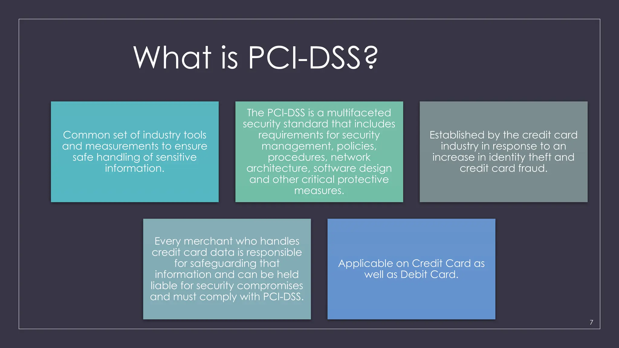 7
What is PCI-DSS?
Common set of industry tools
and measurements to ensure
safe handling of sensitive
information.
The PCI-DSS is a multifaceted
security standard that includes
requirements for security
management, policies,
procedures, network
architecture, software design
and other critical protective
measures.
Established by the credit card
industry in response to an
increase in identity theft and
credit card fraud.
Every merchant who handles
credit card data is responsible
for safeguarding that
information and can be held
liable for security compromises
and must comply with PCI-DSS.
Applicable on Credit Card as
well as Debit Card.
 