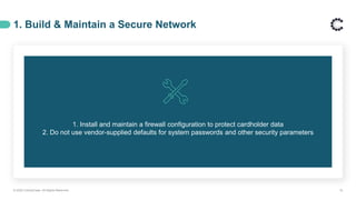 1. Install and maintain a firewall configuration to protect cardholder data
2. Do not use vendor-supplied defaults for system passwords and other security parameters
1. Build & Maintain a Secure Network
© 2020 ControlCase. All Rights Reserved. 15
 
