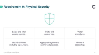 Requirement 9: Physical Security
© 2020 ControlCase. All Rights Reserved. 30
Badge and other
access controls.
CCTV and
access logs.
Visitor
procedures.
Security of media
(including tapes, CD’s).
Appropriate systems to
control badge access.
Review of
access logs.
 